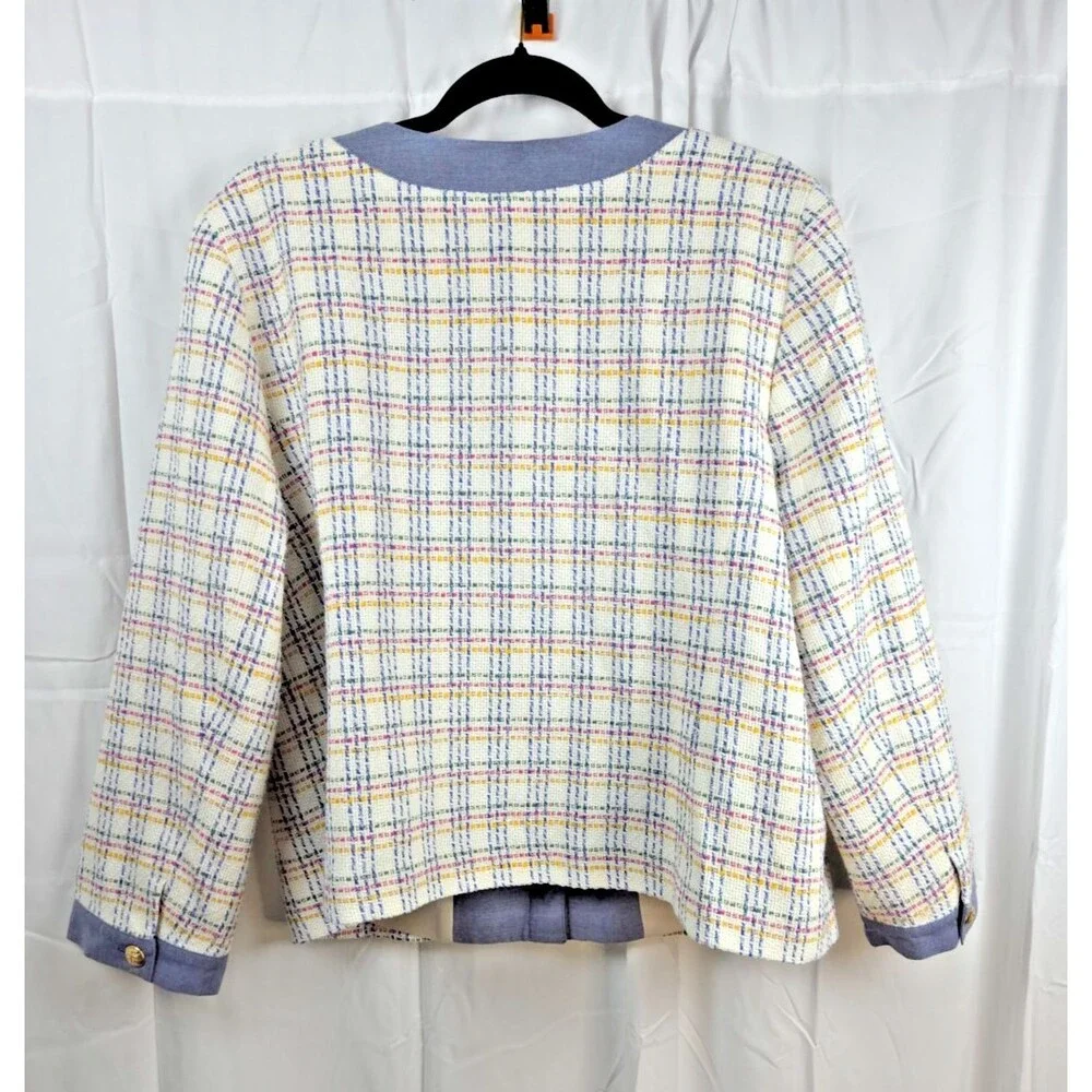 Talbots Tweed Jacket Blazer 16 Multicolor Plaid Gold Button Crop Long Sleeve - Picture 9 of 9
